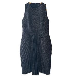 Andrew Gn Metallic Animal Print Pleated Sheath Cocktail Dress Black Silver Sz 8